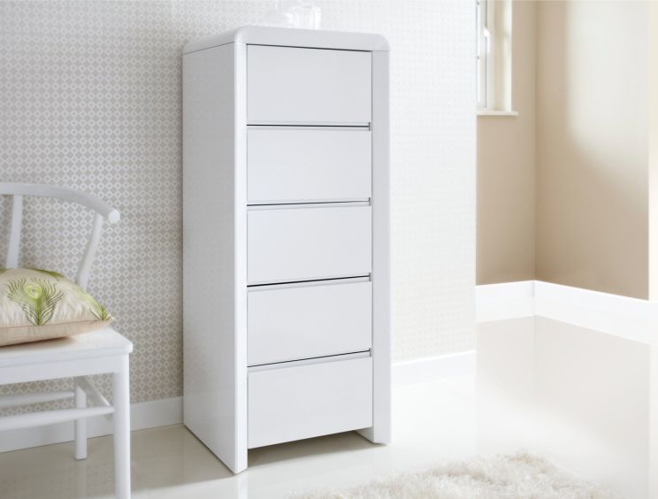 Ice High Gloss Tallboy - White - 5 Drawer Chest