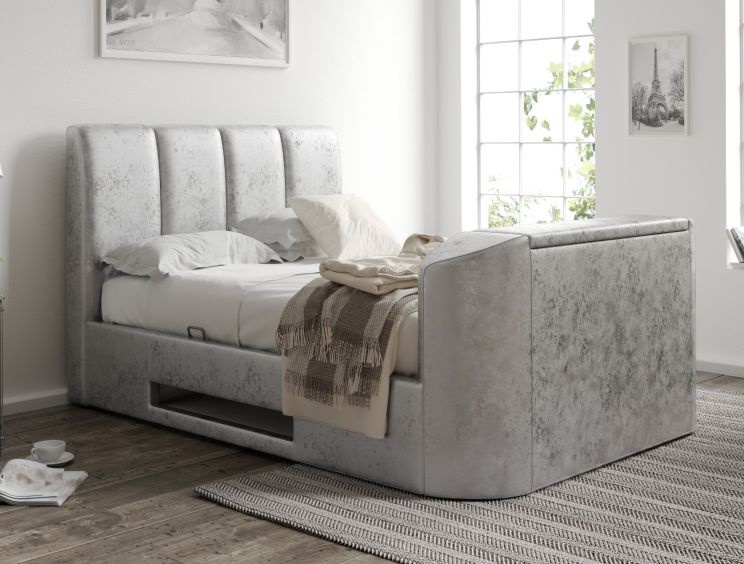 Copenhagen Upholstered Ottoman TV Bed Silver Crush - Double Bed Frame Only