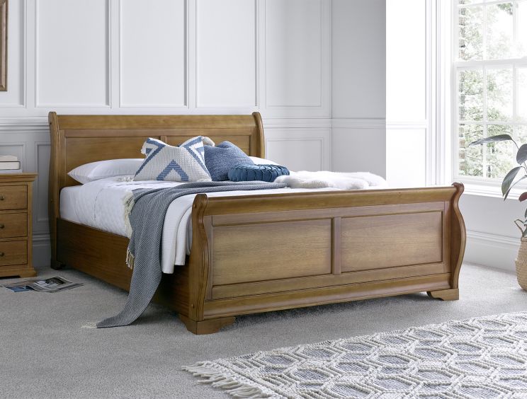 Toulon Wooden Sleigh Bed - Oak Finish - King Size Bed Frame Only