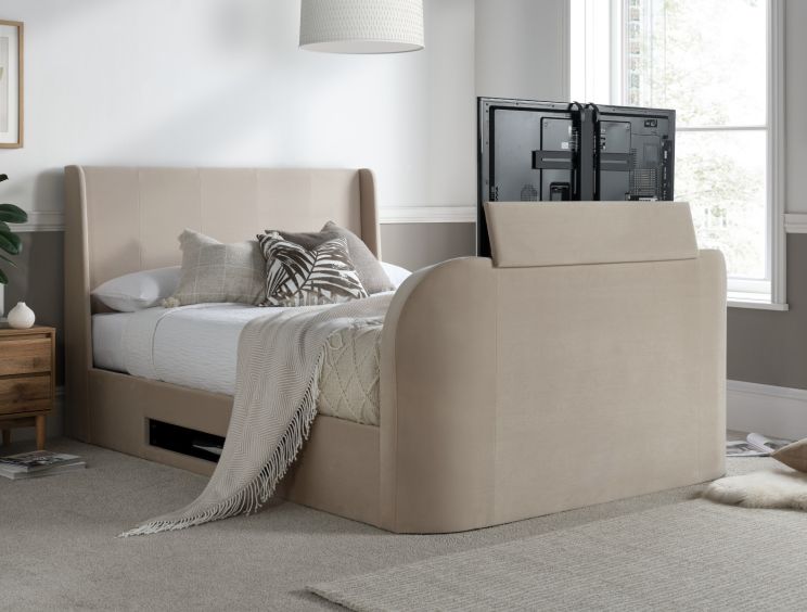Vancouver Winged Upholstered Ottoman TV Bed Stone Velvet - King Size Bed Frame Only