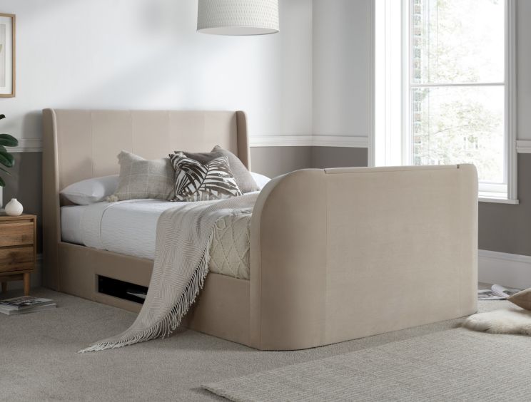 Vancouver Winged Upholstered Ottoman TV Bed Stone Velvet - King Size Bed Frame Only