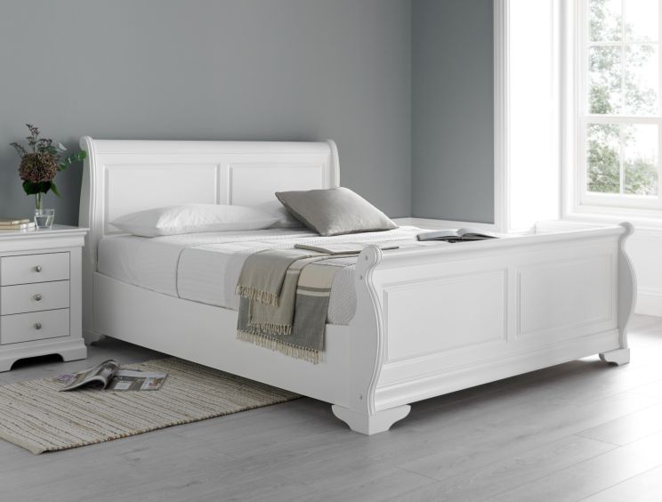 Toulon Wooden Sleigh Bed - White - King Size Bed Frame Only