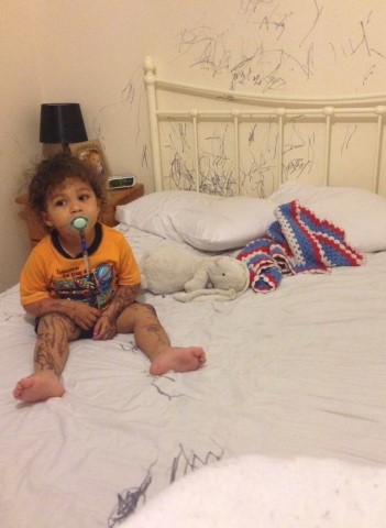 Karla Bettess from Barton le Clay said: "Sonnys mummy will NEVER fall asleep first again. This little monkey decided to tattoo himself and decorate the bed and walls with permanent marker. Opsi!!!"