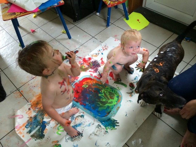 Samantha Redman from Bournemouth says: "Paint a nice picture boys....no no not your face....NOT THE DOG!"