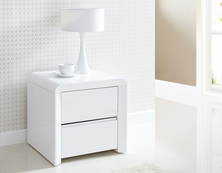 ice high gloss two drawer bedside table in white