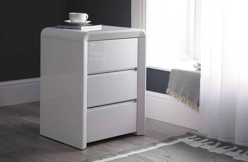 ice high gloss three drawer bedside table in white