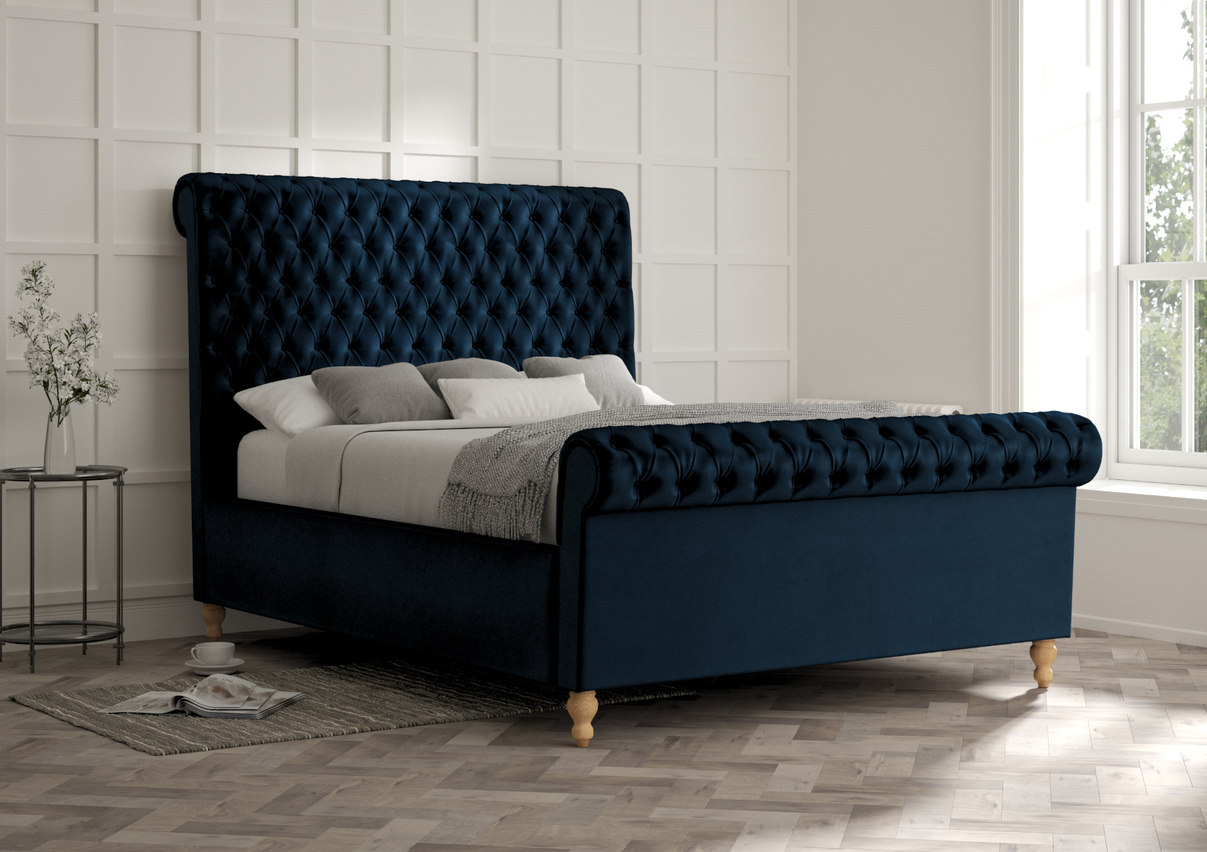 View Aldwych Velvet Navy Upholstered Super King Sleigh Bed Time4Sleep information