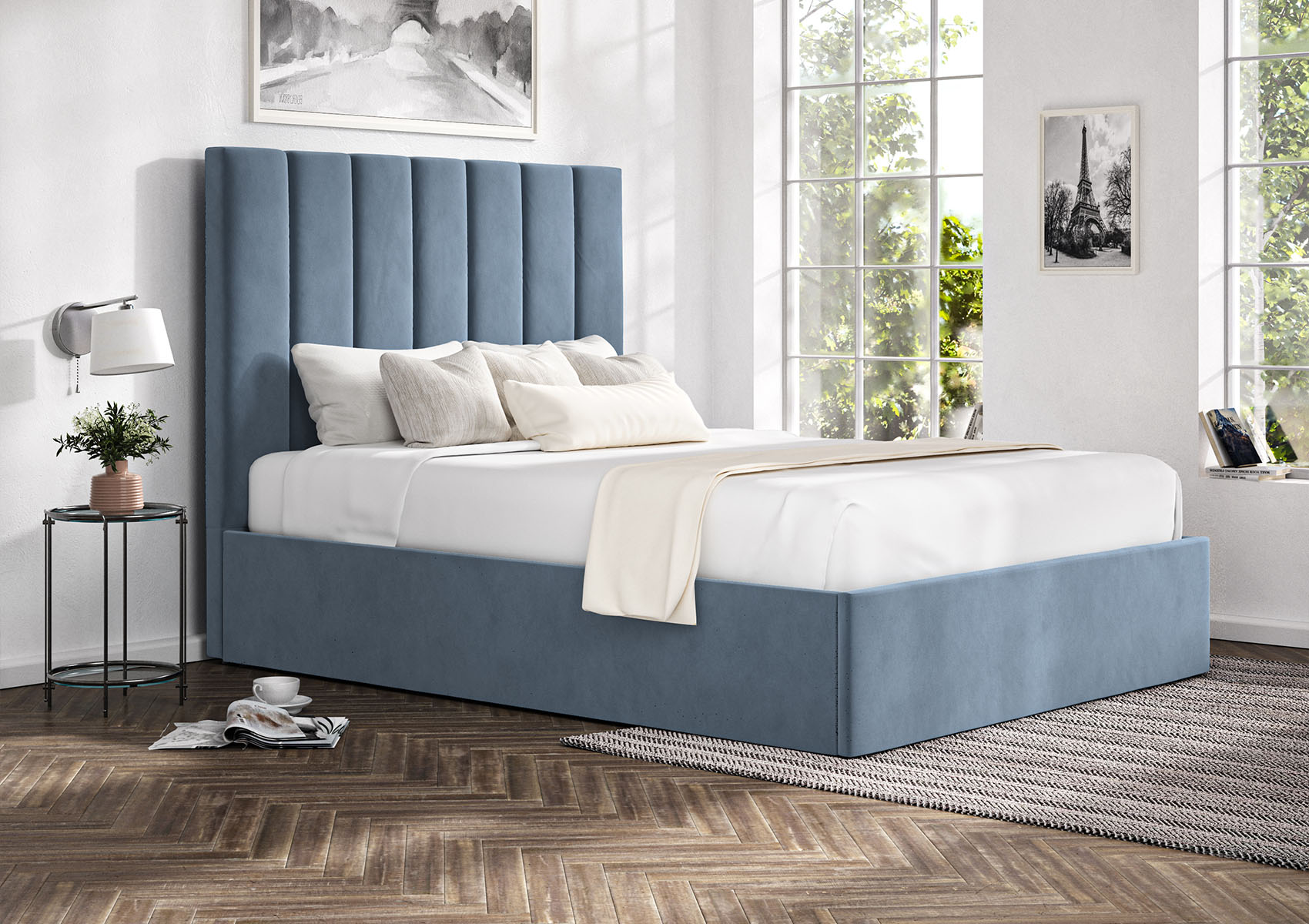 View Amalfi Hugo Wedgewood Upholstered Ottoman Bed Frame Only Time4Sleep information