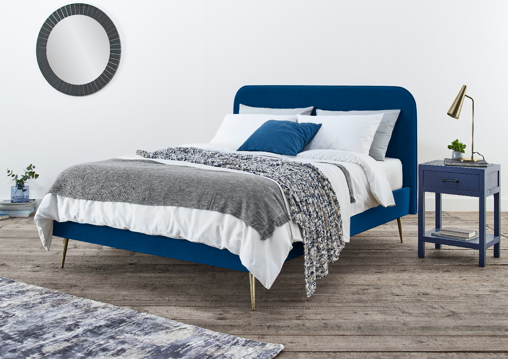 View Elona Navy Blue Velvet Upholstered Bed Frame Time4Sleep information