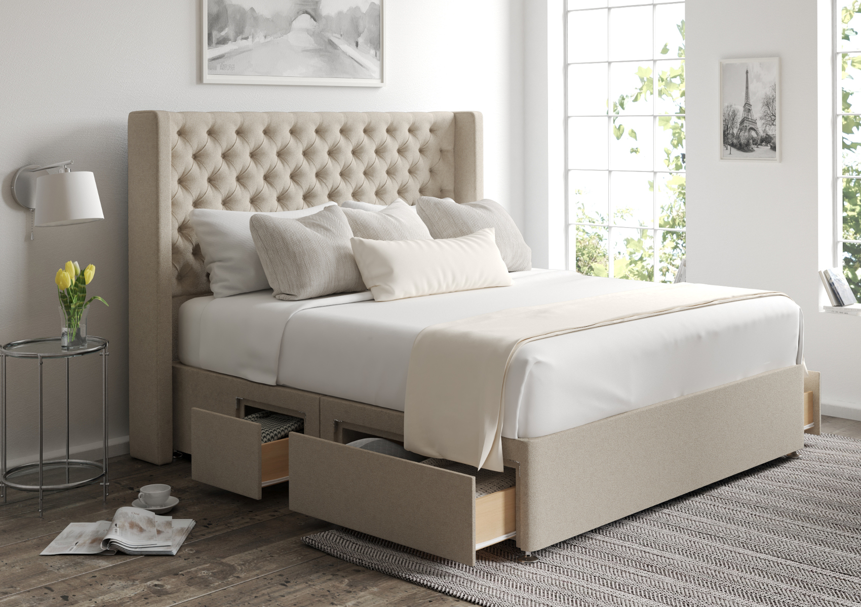 View Bella Hugo Royal Upholstered King Size Storage Bed Time4Sleep information