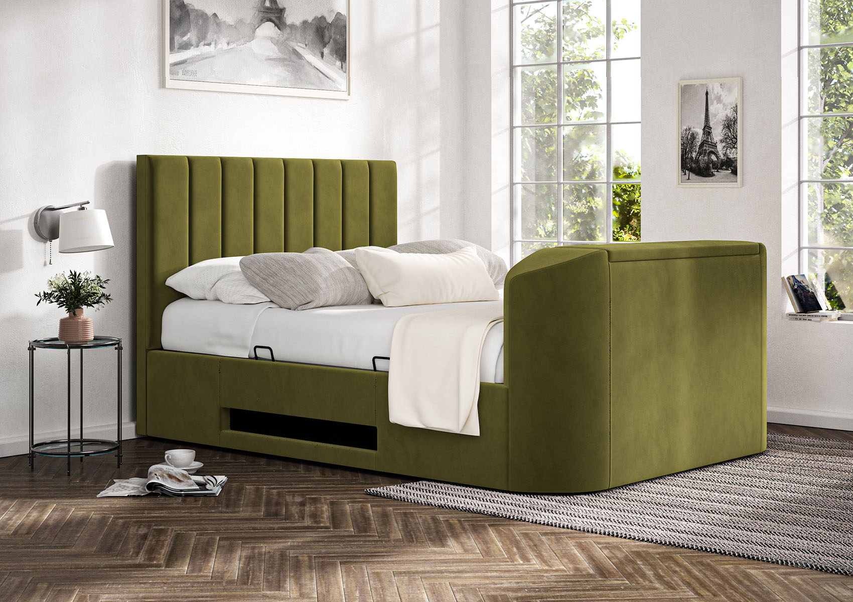 View Berkley Upholstered Hugo Olive Multifunctional Ottoman Smart TV Bed Bed Frame Only Time4Sleep information