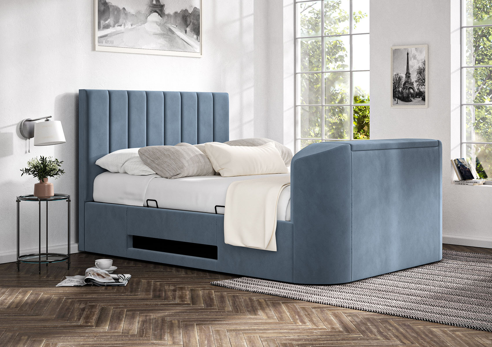 View Berkley Upholstered Hugo Wedgewood Multifunctional Ottoman Smart TV Bed Bed Frame Only Time4Sleep information