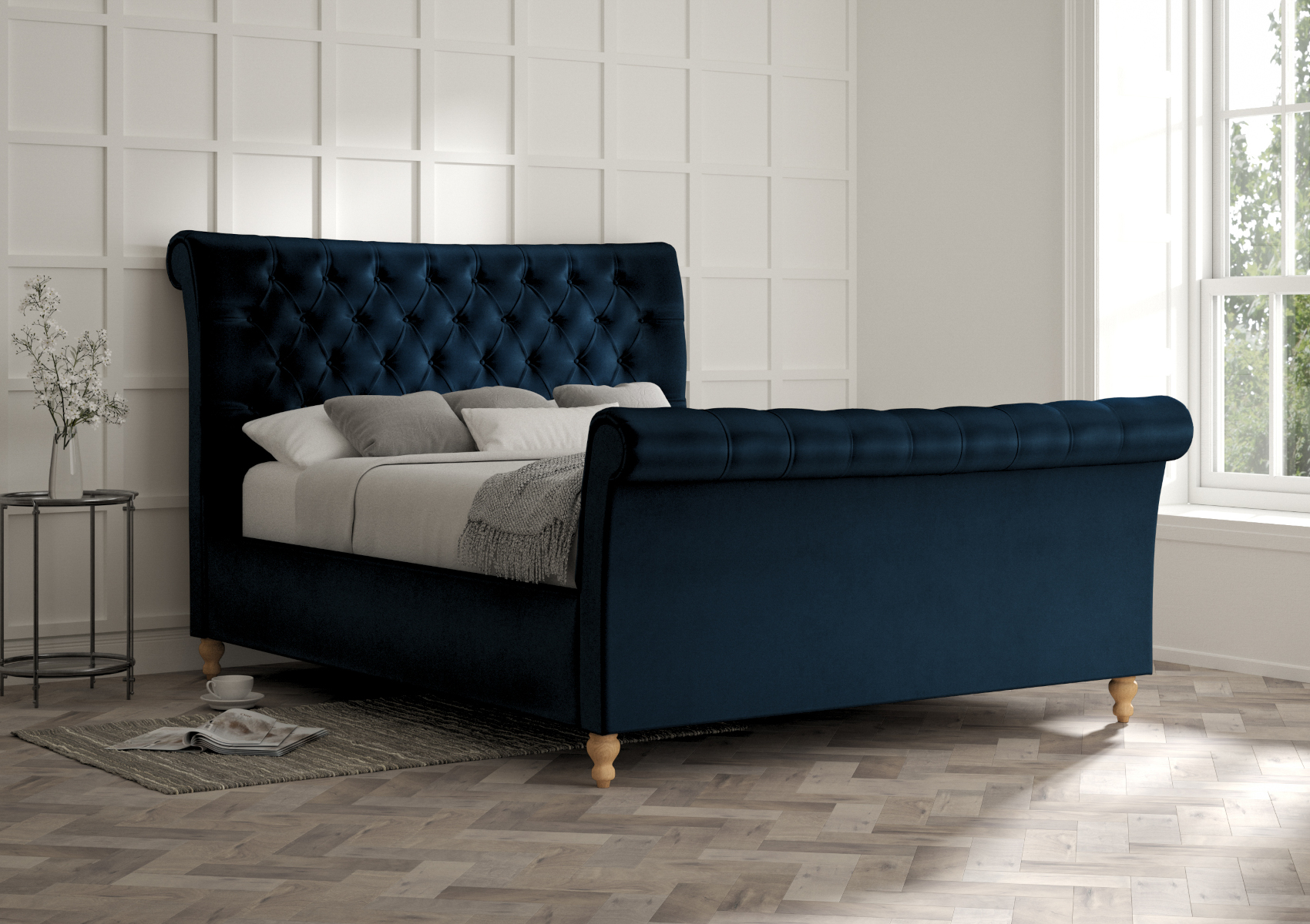 View Cavendish Velvet Navy Upholstered Super King Sleigh Bed Time4Sleep information