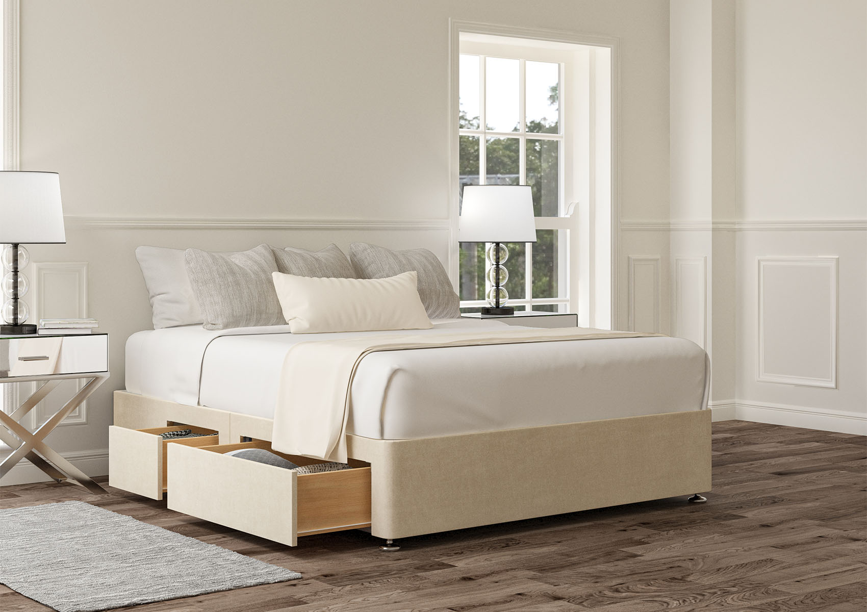 View 22 Naples Cream Upholstered Compact Double Storage Bed Time4Sleep information