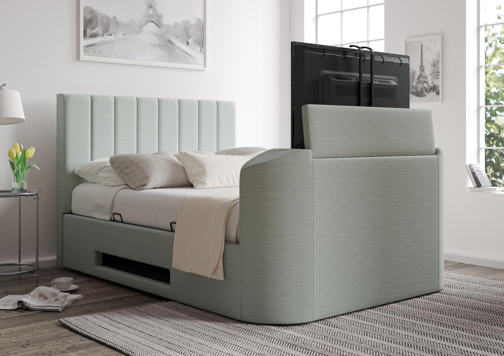 View Berkley Linea SeaBlue Upholstered Super King Multifunctional Ottoman Smart TV Bed Time4Sleep information