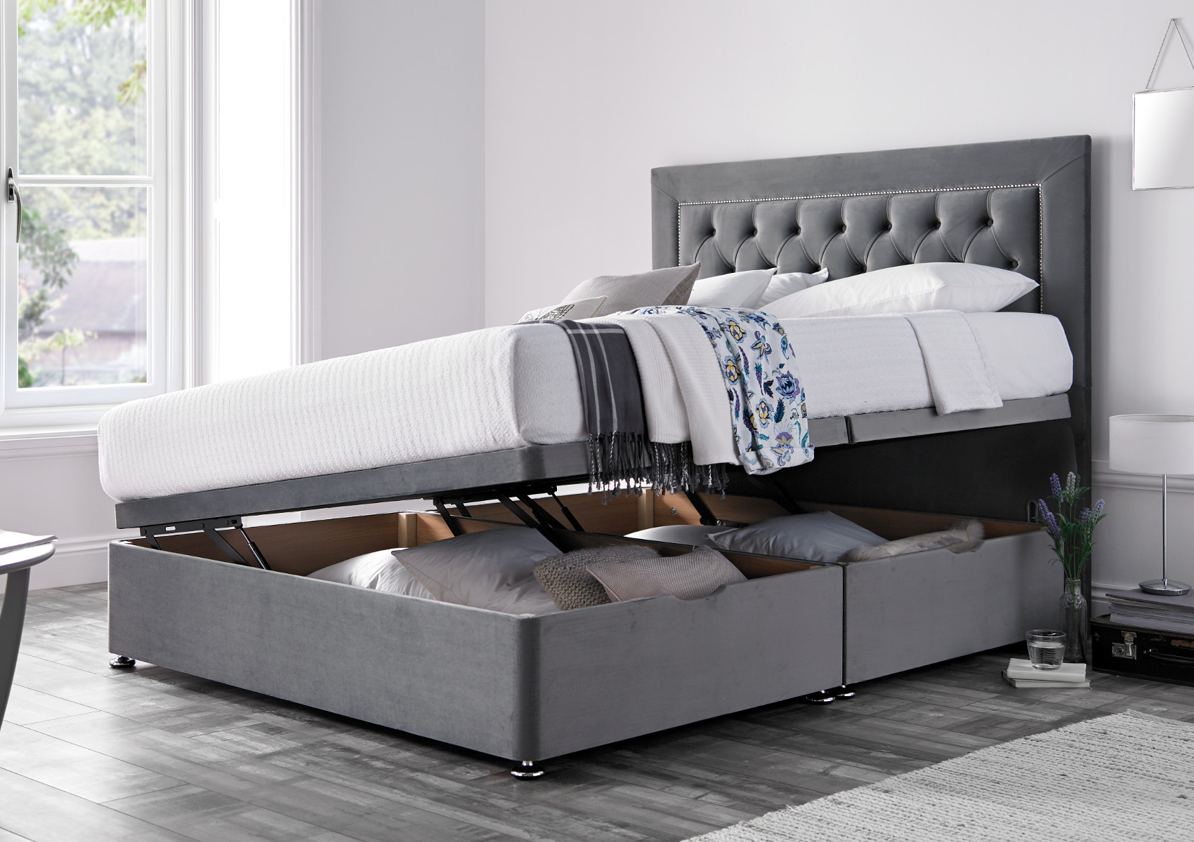 View Woodstock Naples Silver Upholstered King Size Ottoman Bed Time4Sleep information