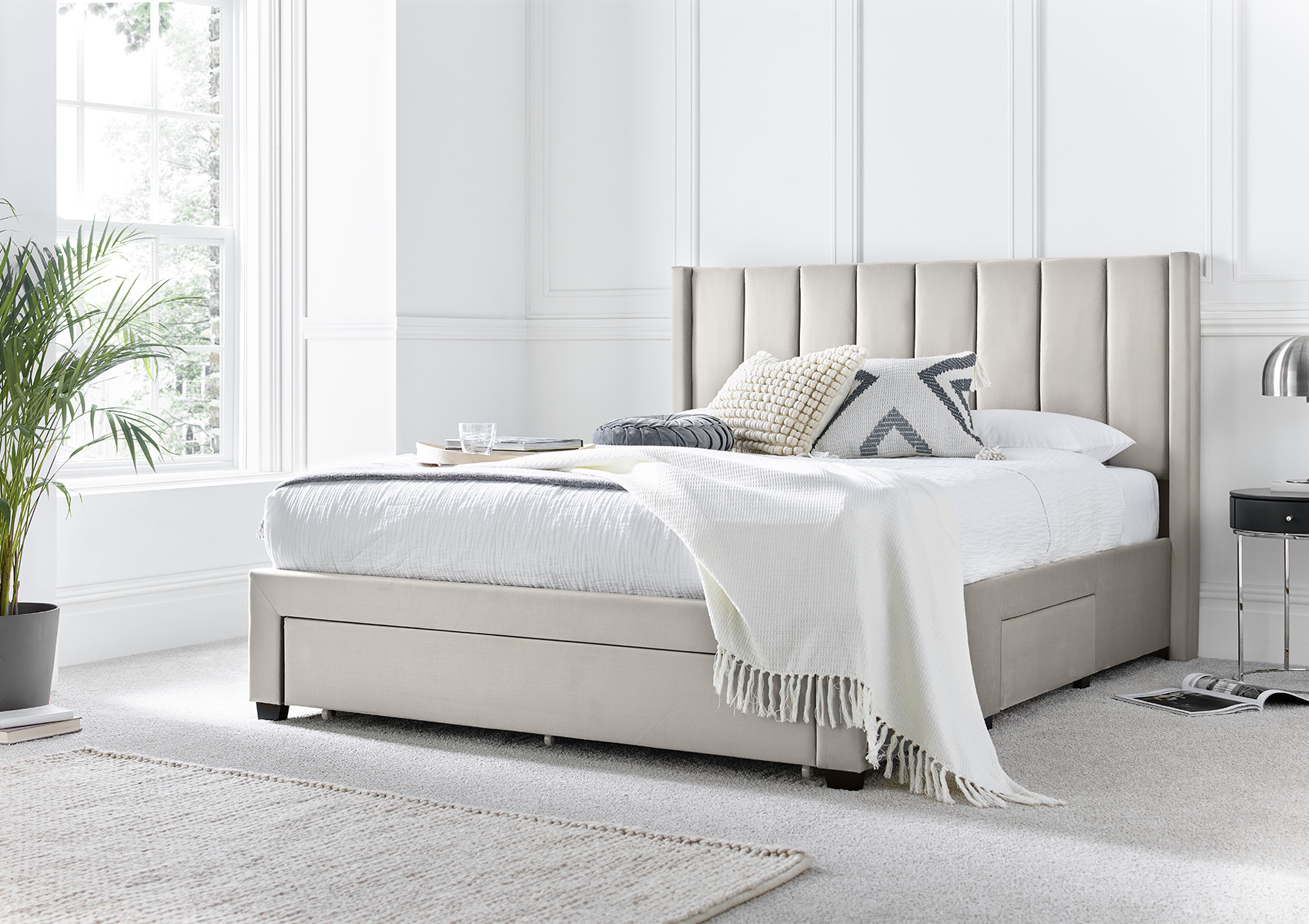 View Elegance Natural Beige Upholstered Drawer Bed Frame Only Time4Sleep information