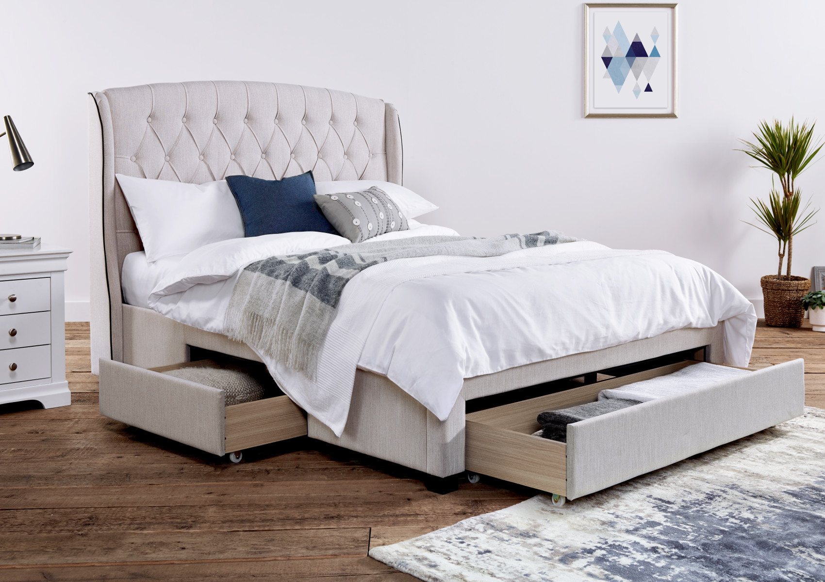 View Elise Stone Winged Upholstered Drawer Storage Bed Frame Only Time4Sleep information