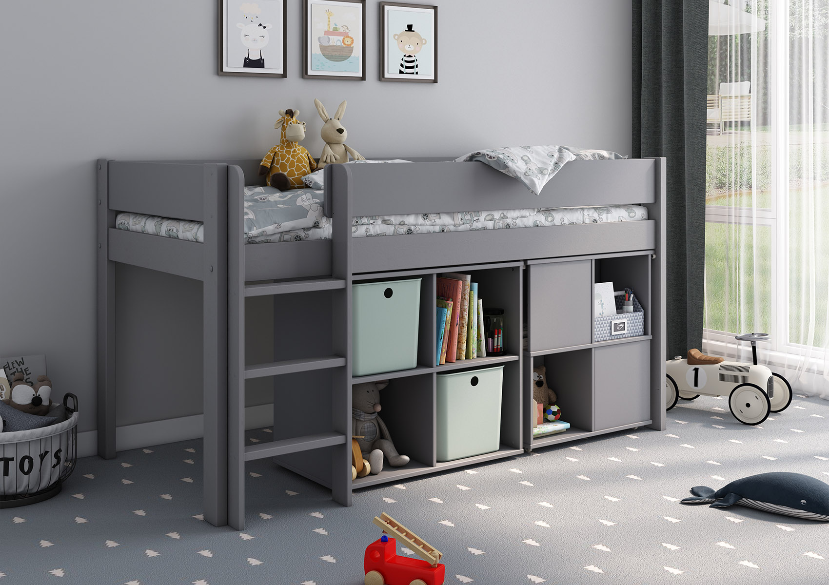 View Estella Grey Mid Sleeper Bed Frame With Cube Desk Time4Sleep information