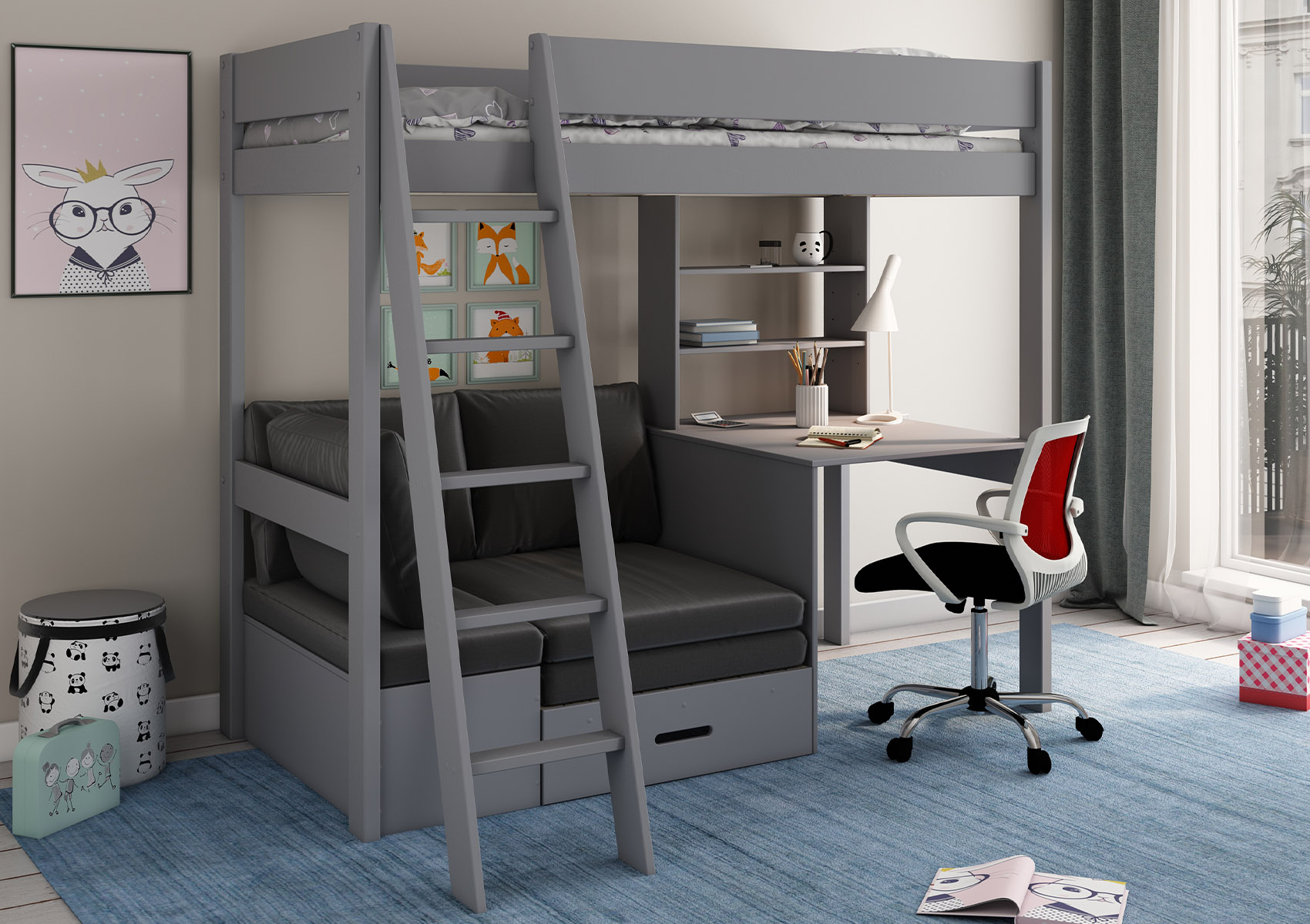 View Estella Grey High Sleeper Bed Frame With Desk Black Futon Time4Sleep information