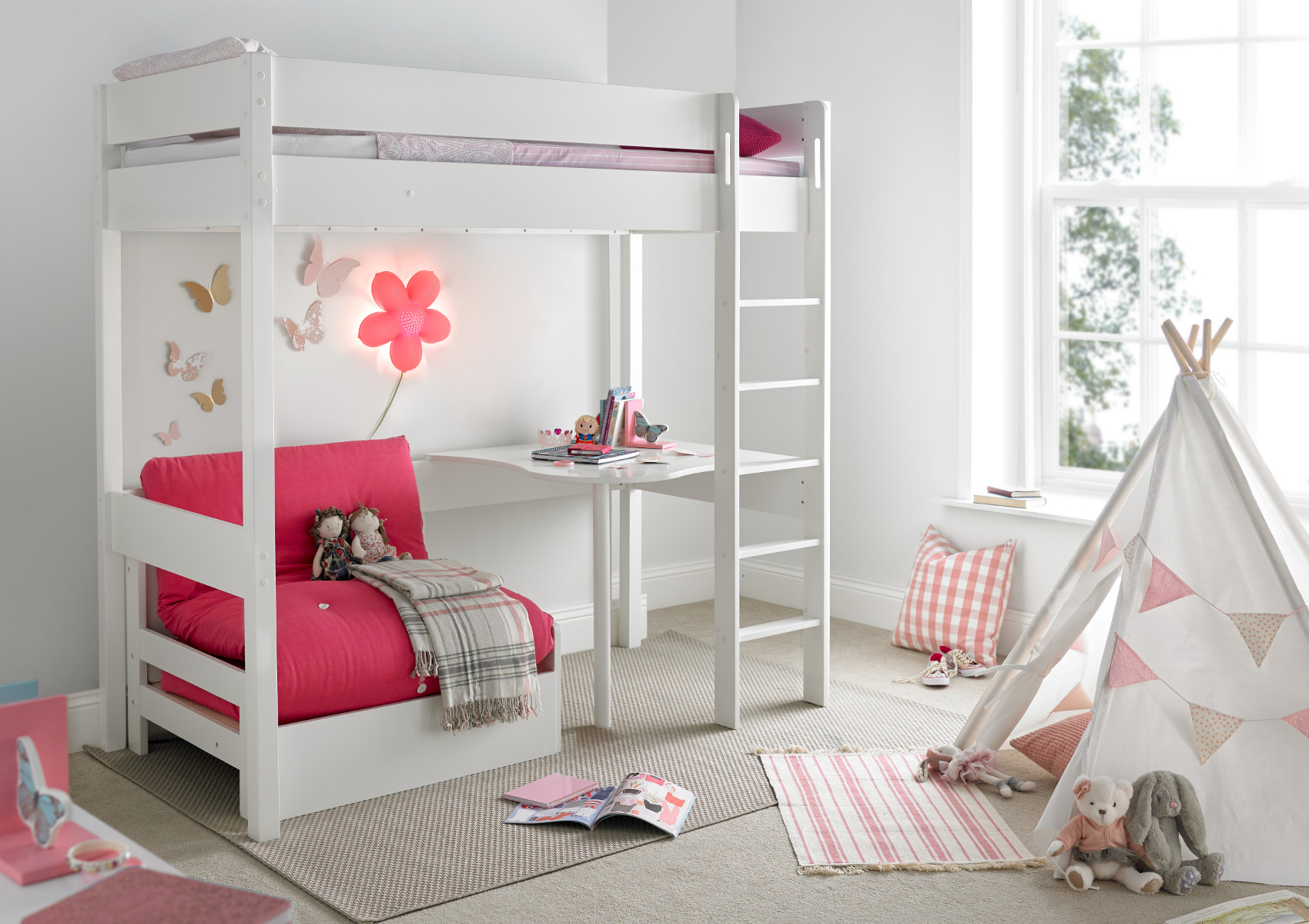 View Modena High Sleeper Bed Frame with Desk Pink Chair Bed Time4Sleep information