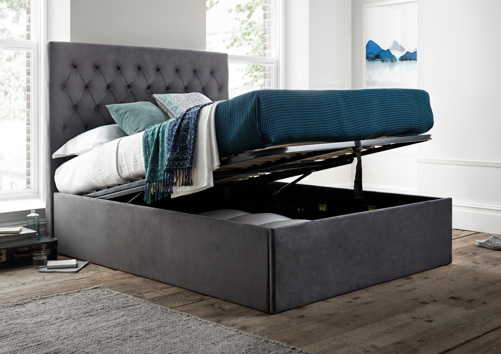 View Maxi Charcoal Velvet Upholstered Ottoman Storage King Size Bed Frame Only Time4Sleep information
