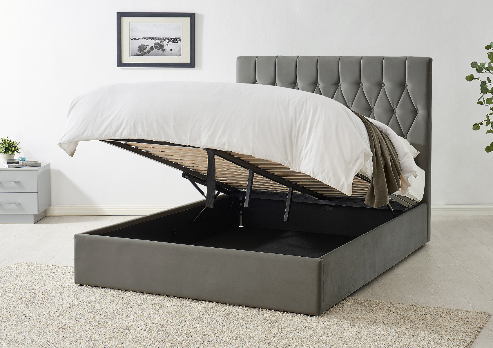 View Waldorf Dark Grey Velvet Upholstered Ottoman Storage Bed Frame Time4Sleep information