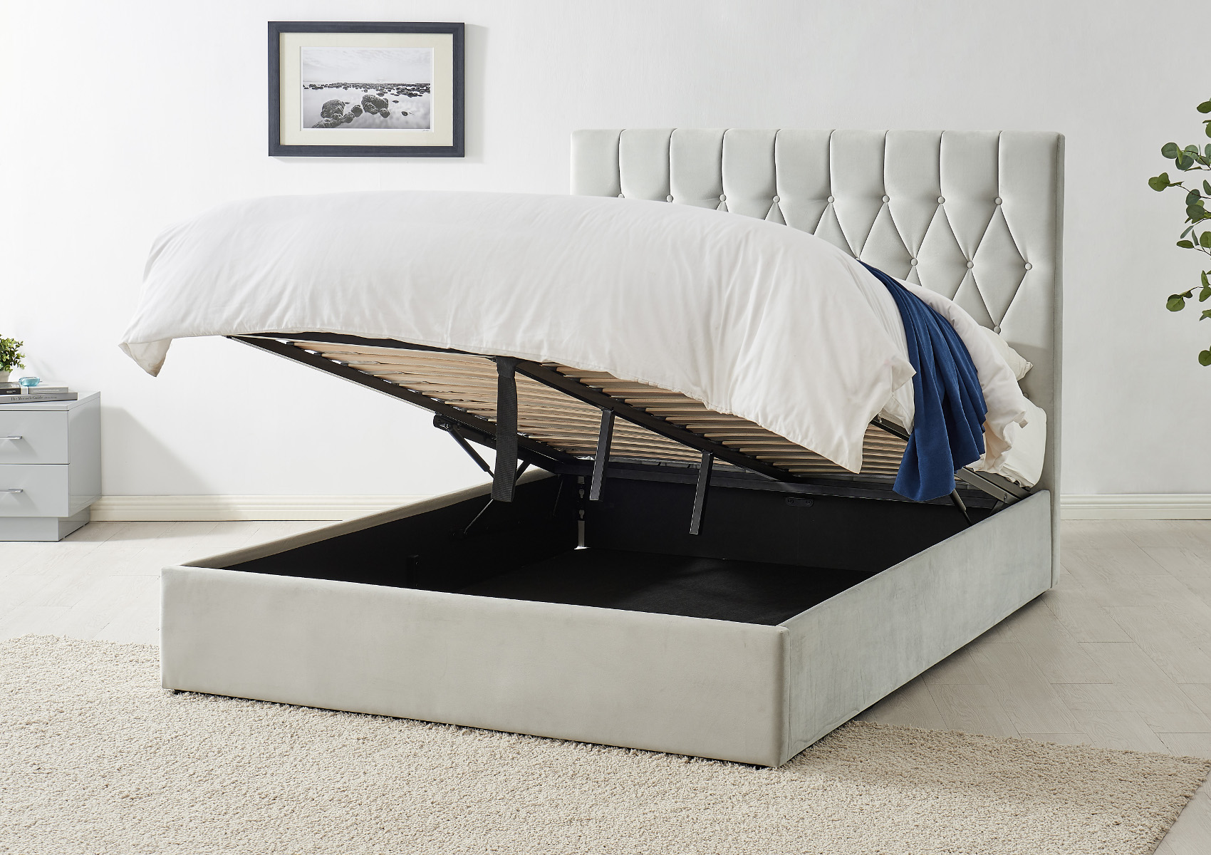 View Waldorf Silver Grey Velvet Upholstered Ottoman Storage Bed Frame Time4Sleep information