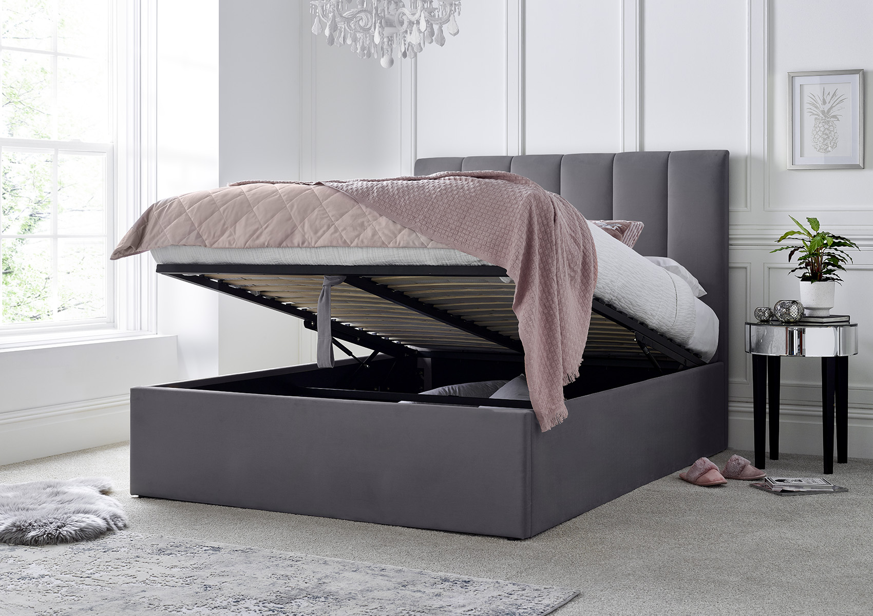 View Linea Grey Upholstered Ottoman Bed Frame Only Time4Sleep information