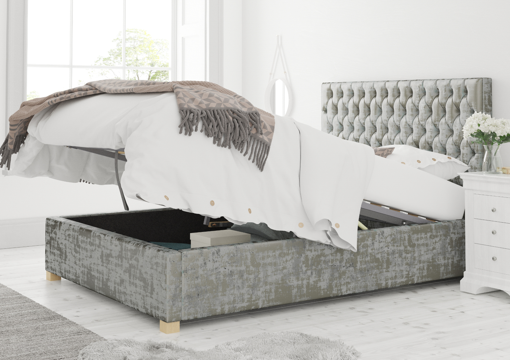 View Malton Platinum Upholstered King Size Ottoman Bed Time4Sleep information