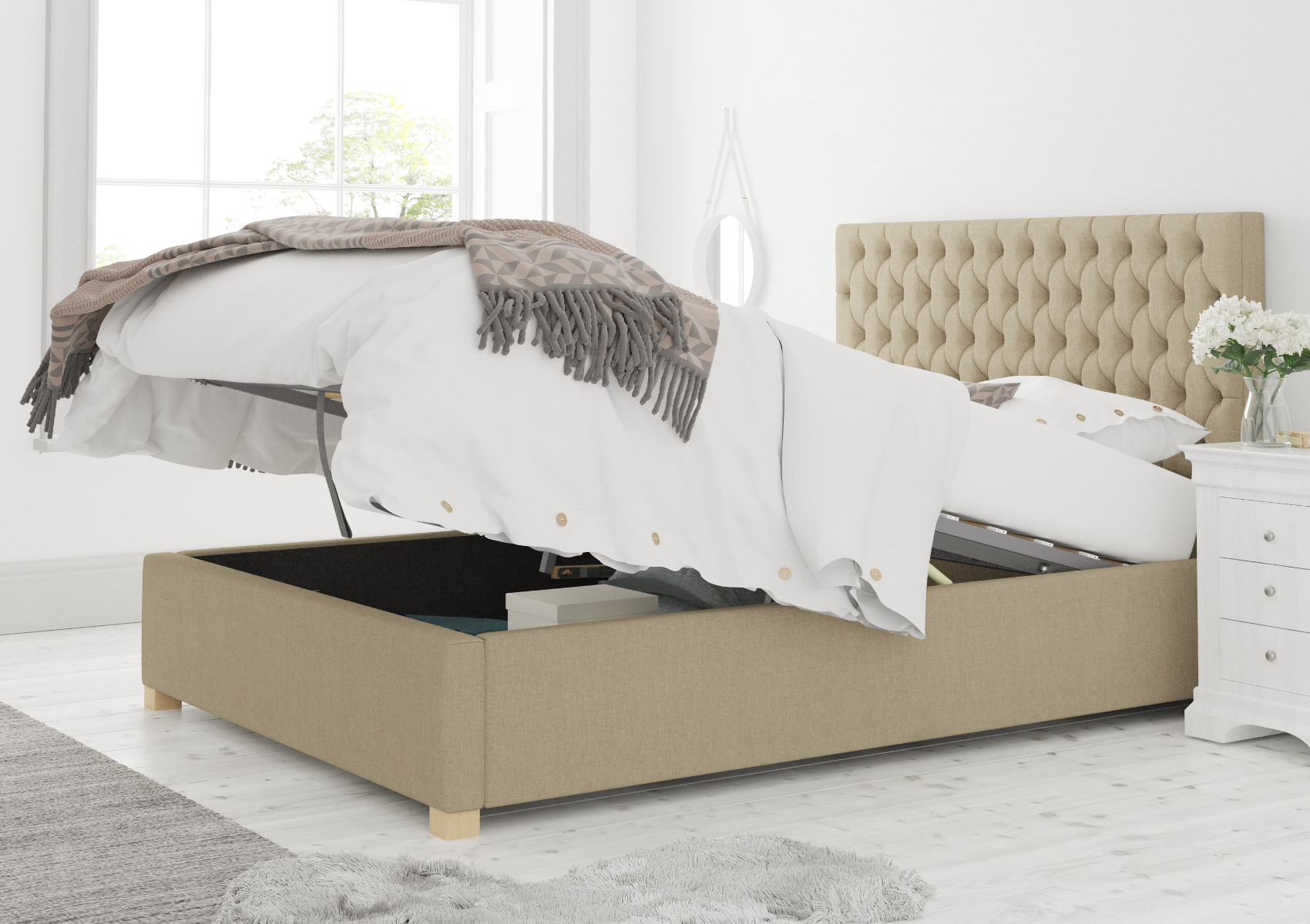 View Malton Natural Upholstered King Size Ottoman Bed Time4Sleep information