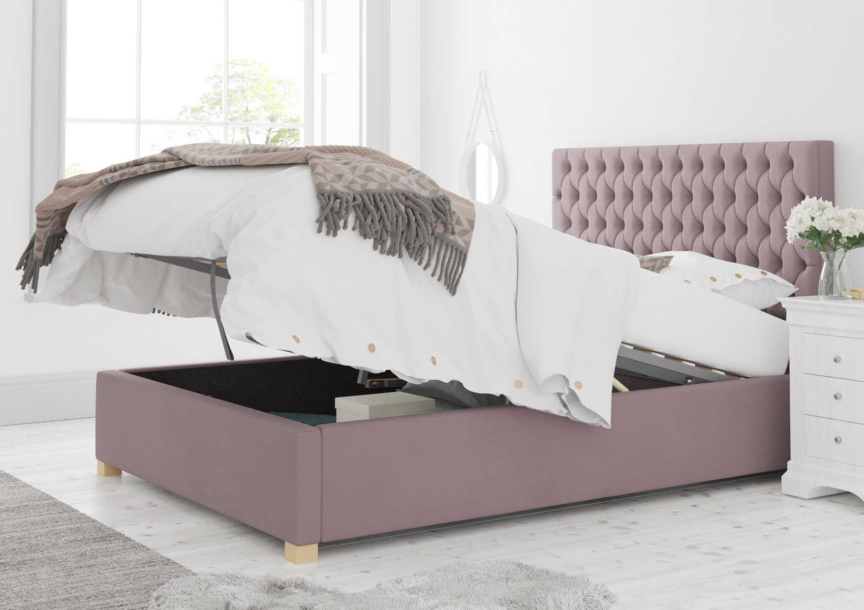View Malton Blush Upholstered Single Ottoman Bed Time4Sleep information