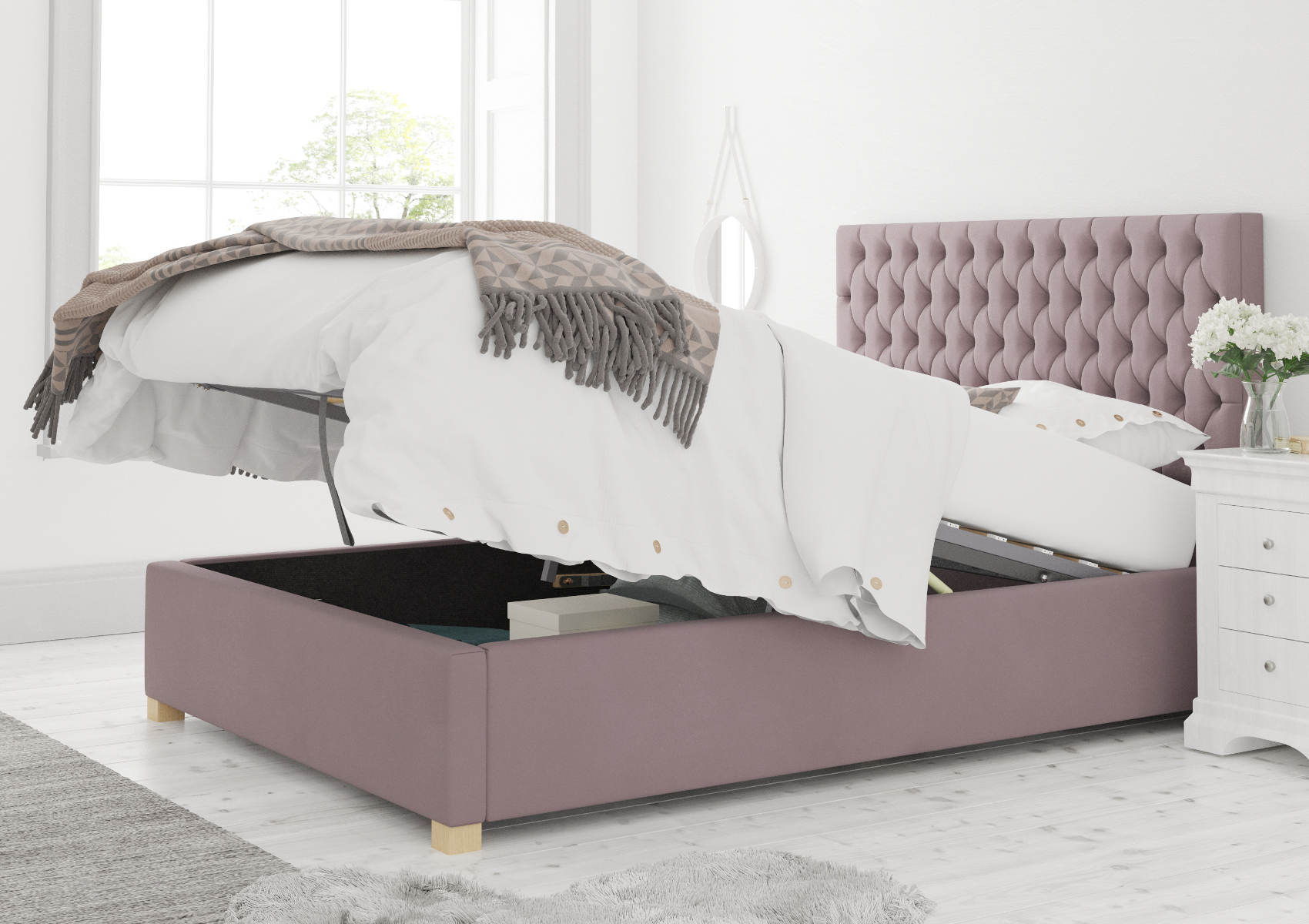 View Malton Blush Upholstered King Size Ottoman Bed Time4Sleep information