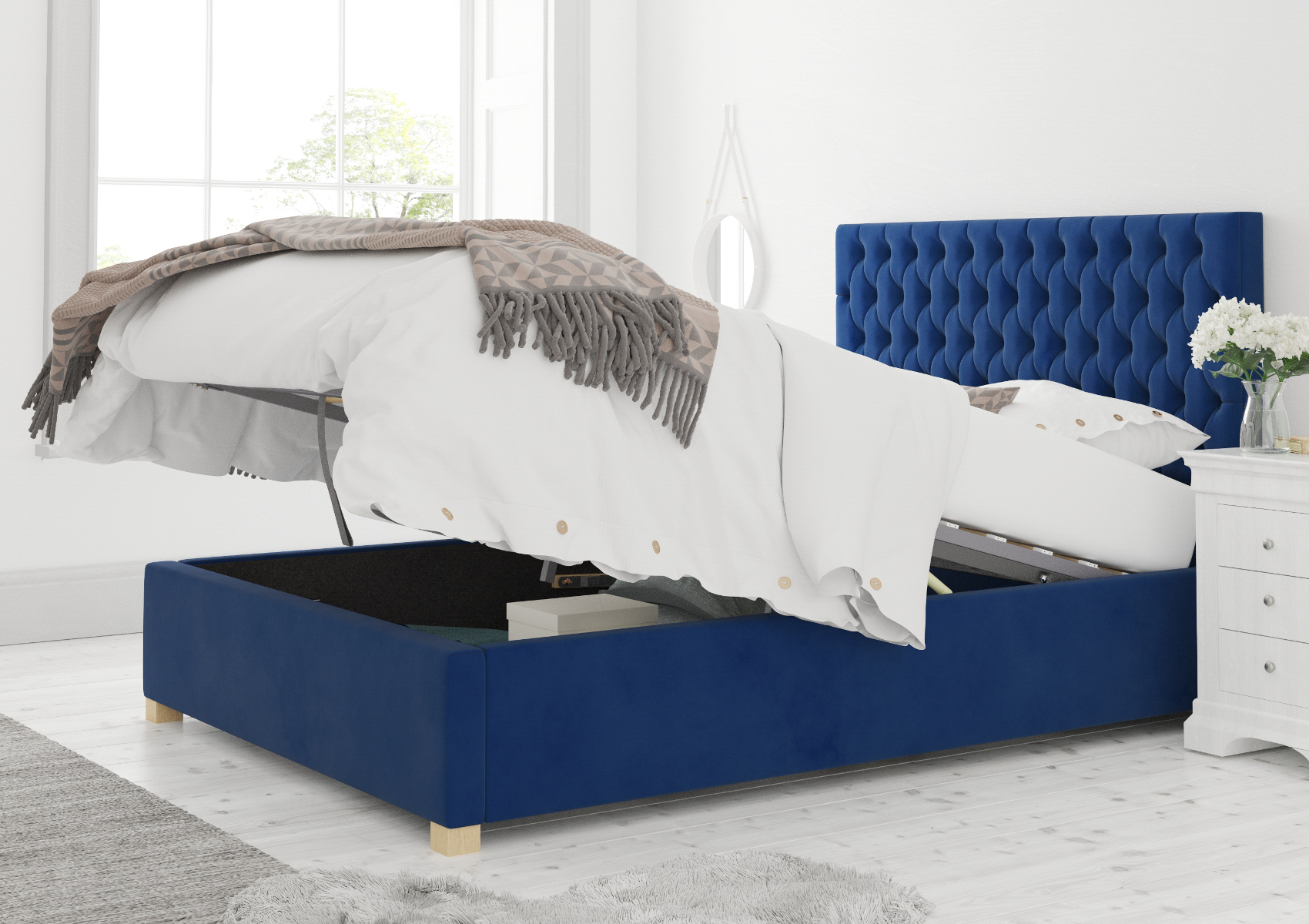 View Malton Navy Upholstered Double Ottoman Bed Time4Sleep information