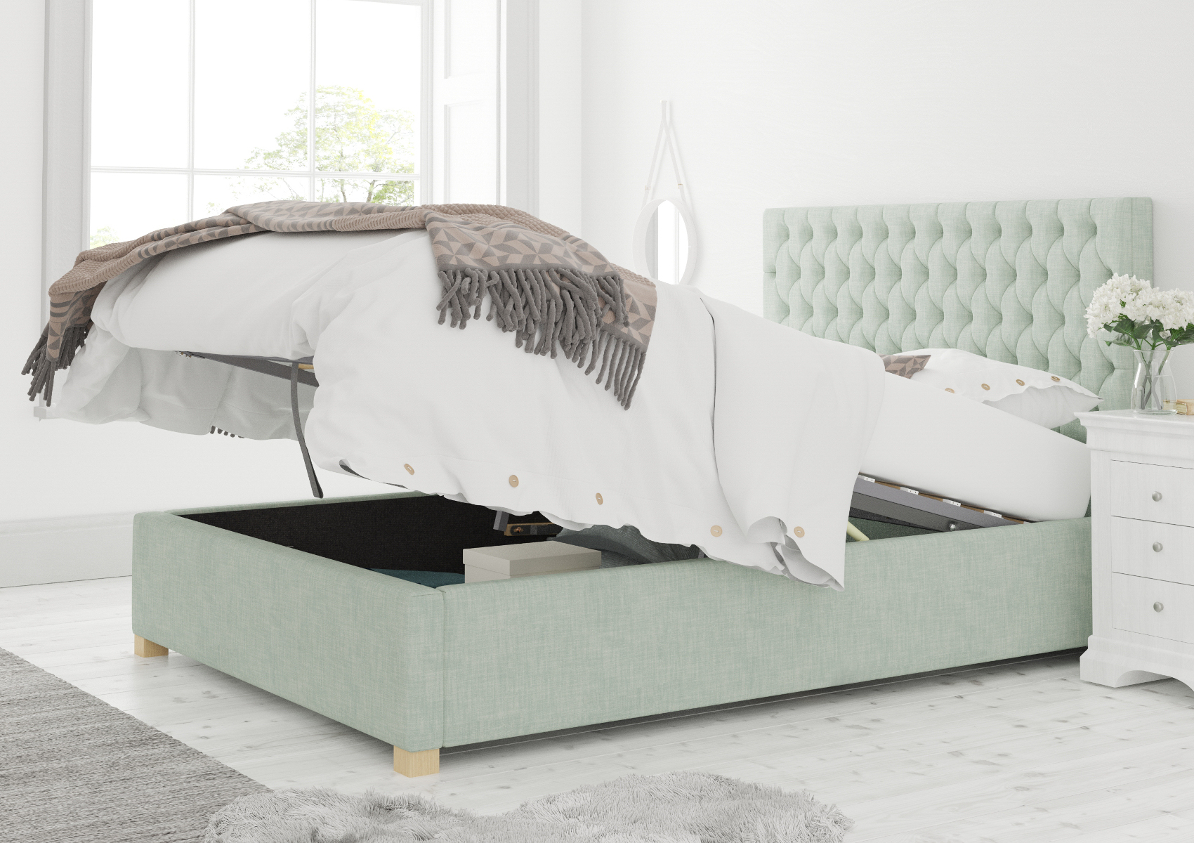 View Malton Eau De Nil Upholstered Compact Double Ottoman Bed Time4Sleep information