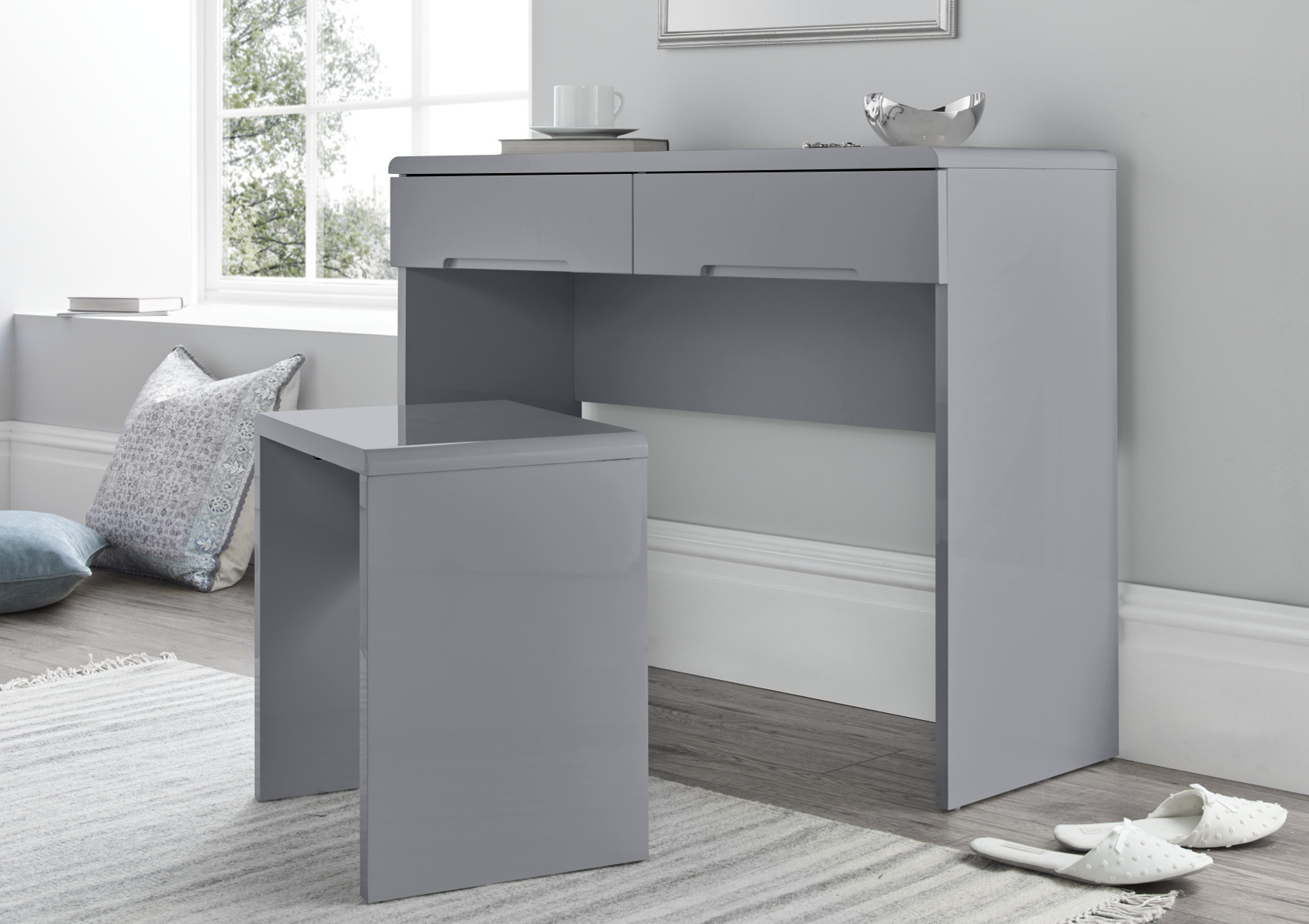 View Julian Bowen Manhattan 2 Drawer Grey Dressing Table With Stool Time4Sleep information