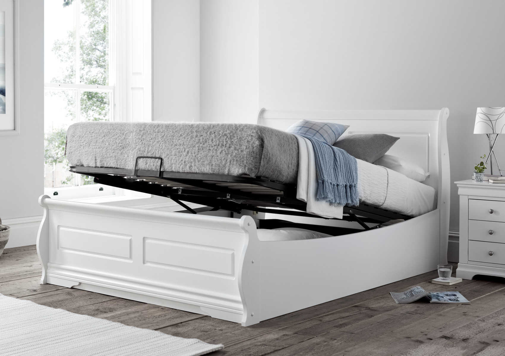 View Marseille White Wooden Ottoman Storage Bed Frame Only Time4Sleep information