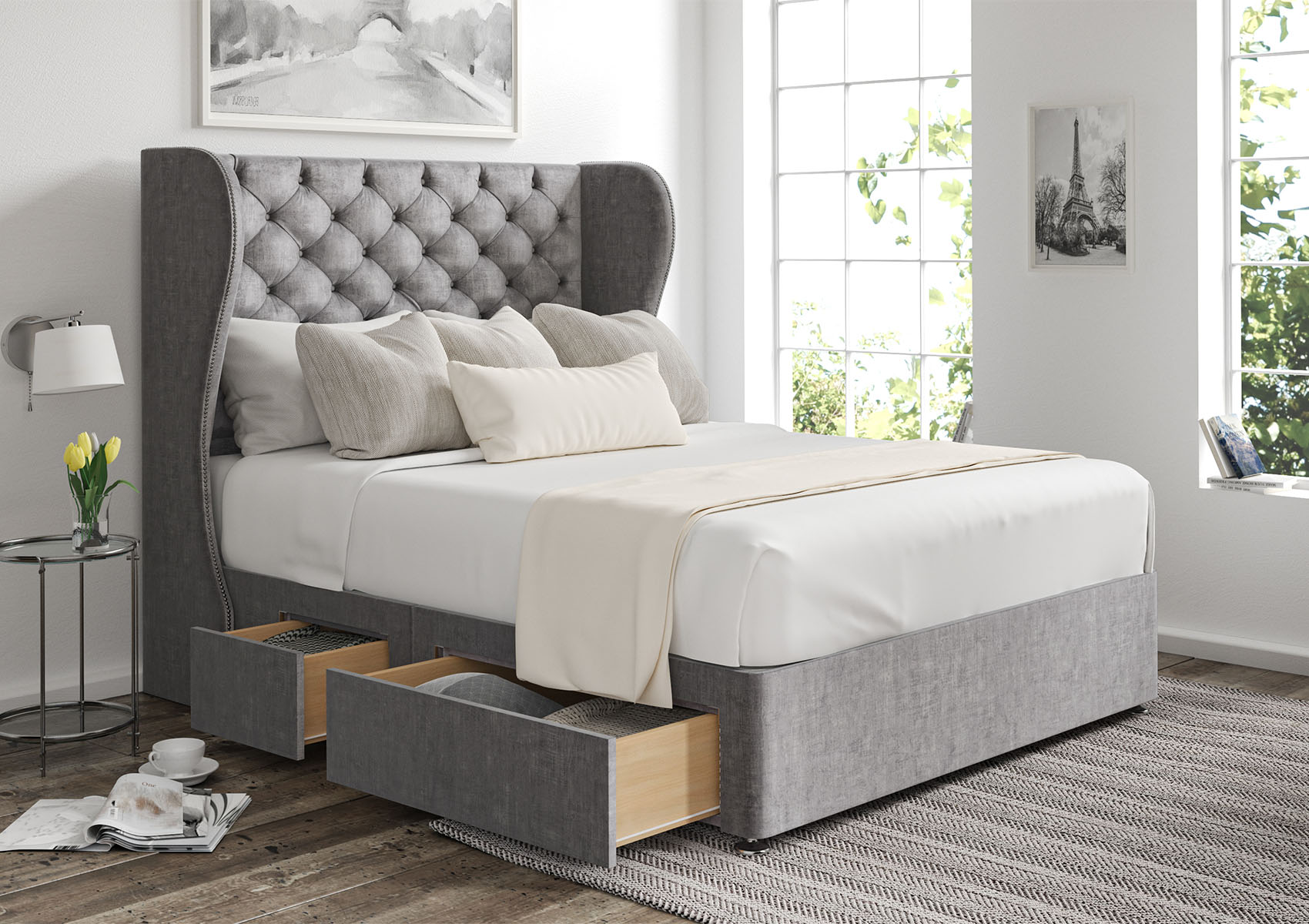 View Miami Carina Parchment Upholstered King Size Winged Bed Time4Sleep information