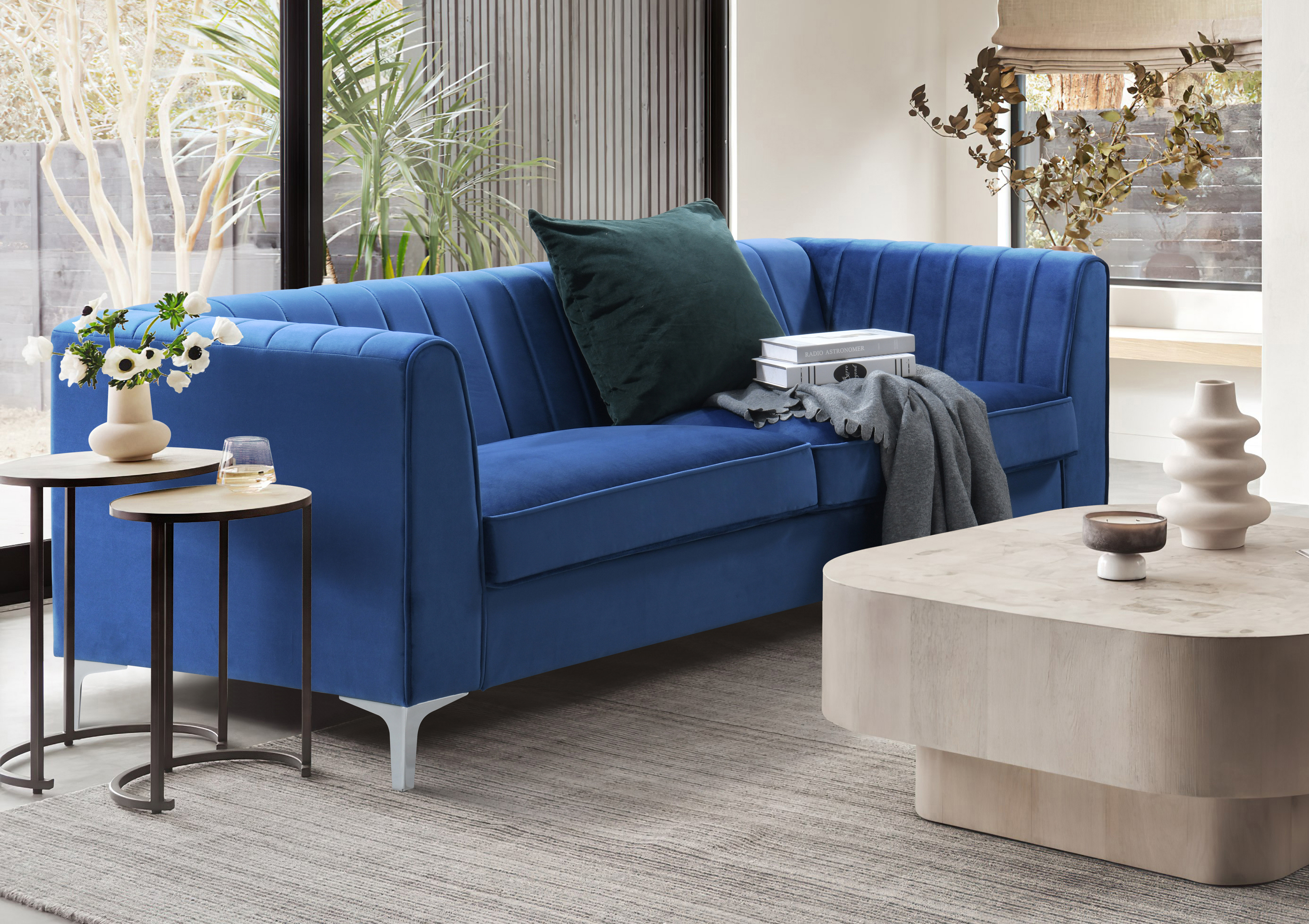 View Milano Navy Velvet 3 Seater Sofa Time4Sleep information