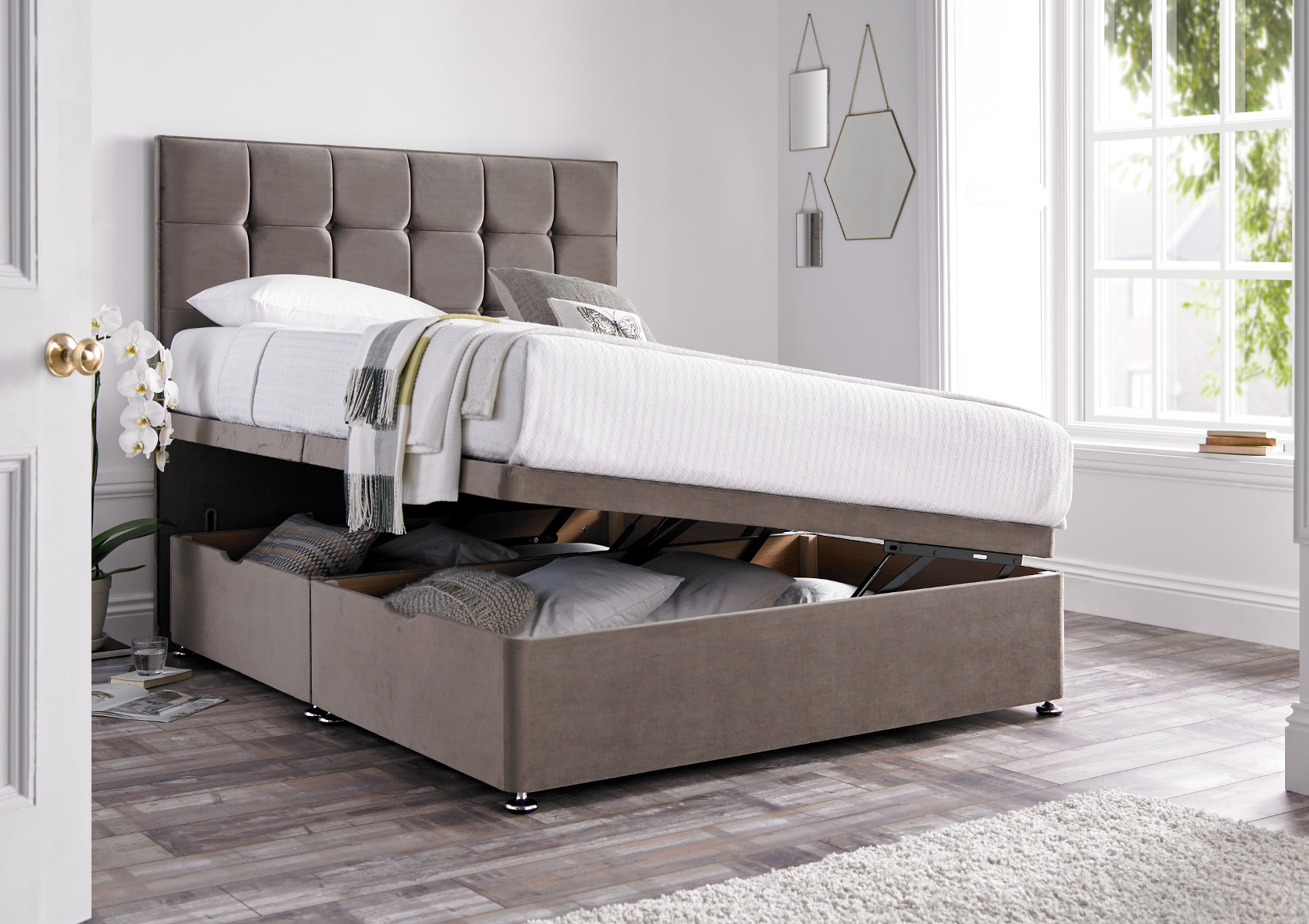 View Harbour Velvet Silver Upholstered King Size Ottoman Bed Time4Sleep information