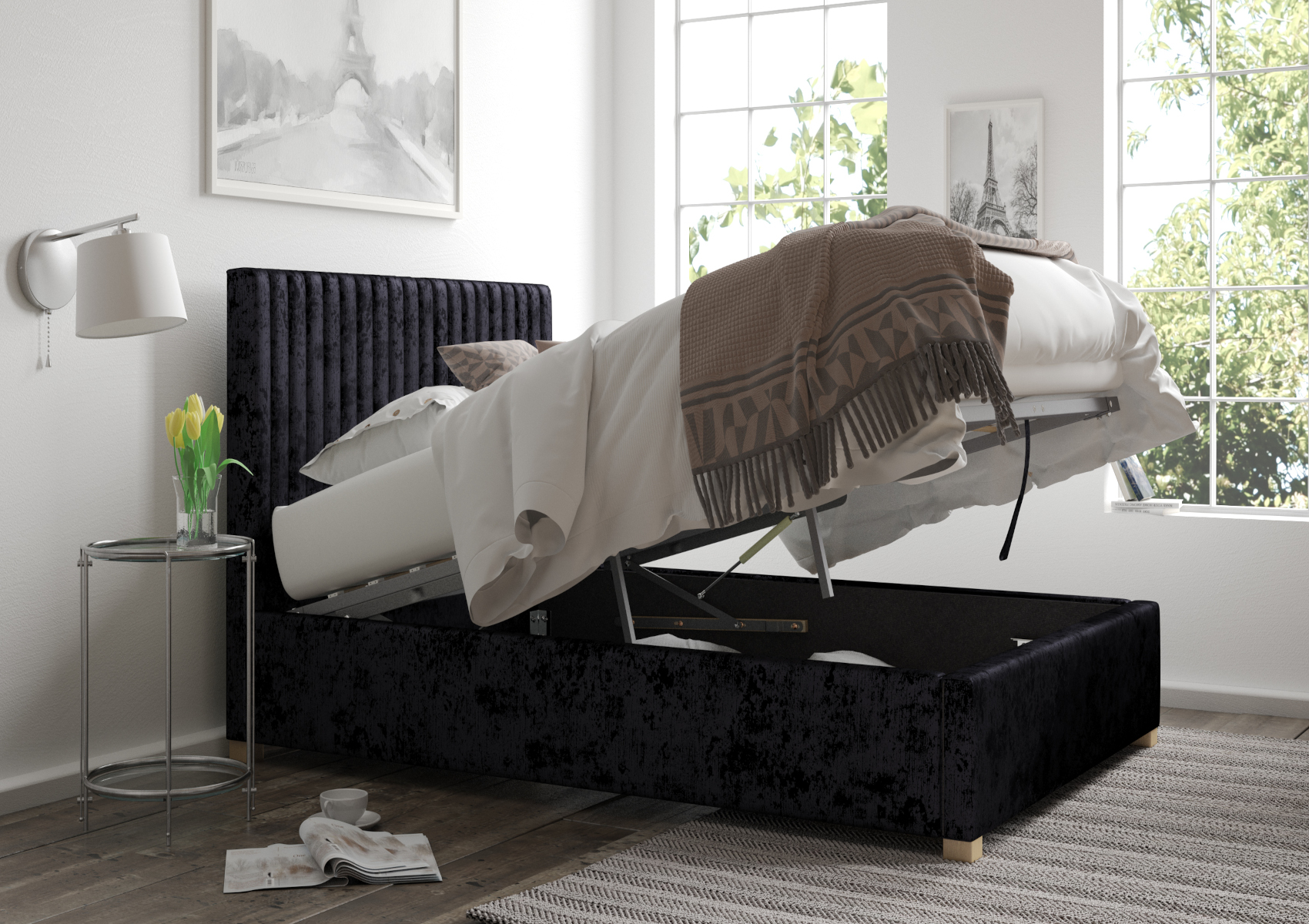 View Levisham Ottoman Ebony Mirazzi Velvet Bed Frame Only Time4Sleep information