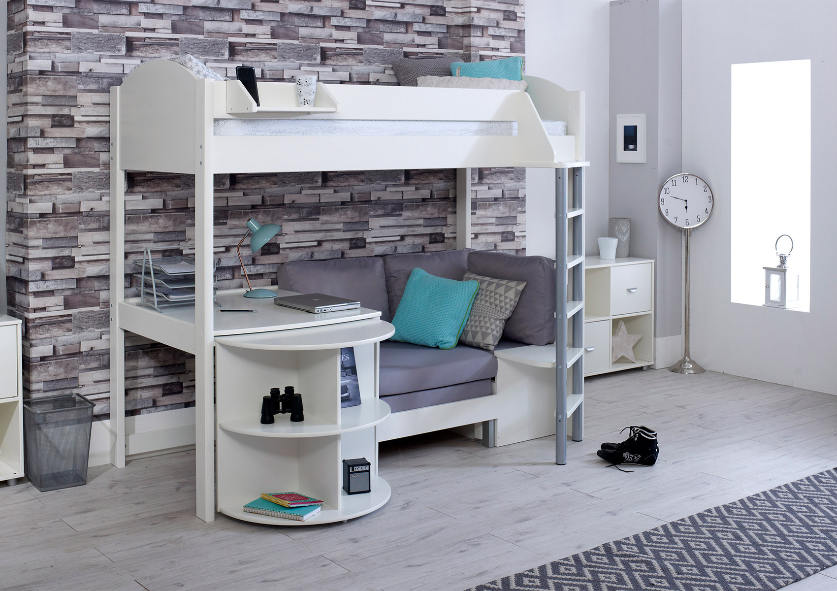 View Noah White High Sleeper Bed Frame With Desk Grey Futon Time4Sleep information