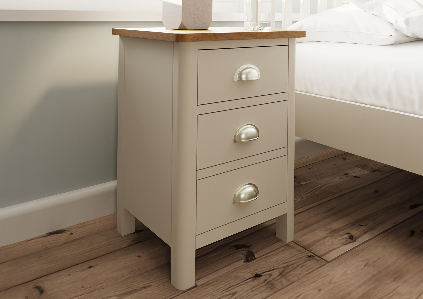 View Radstock Truffle 3 Drawer Bedside Cabinet Time4Sleep information