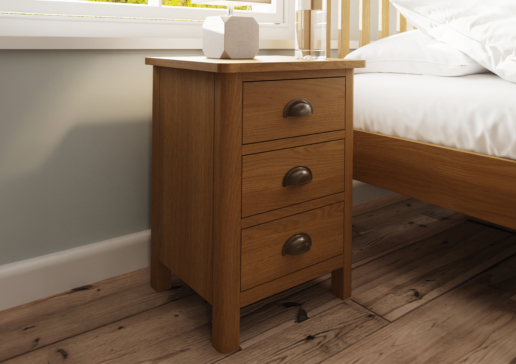 View Radford Light Oak 3 Drawer Bedside Time4Sleep information