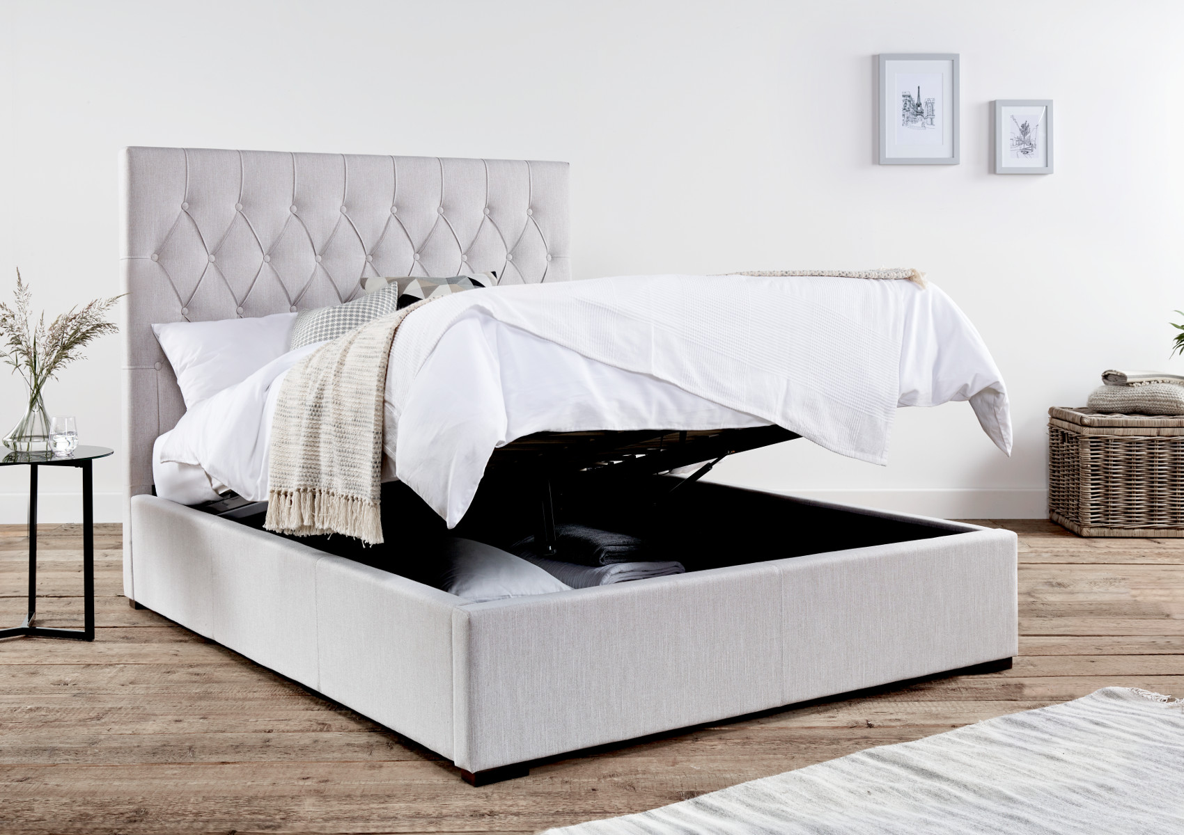 View Savoy Stone Upholstered King Size Ottoman Bed Time4Sleep information