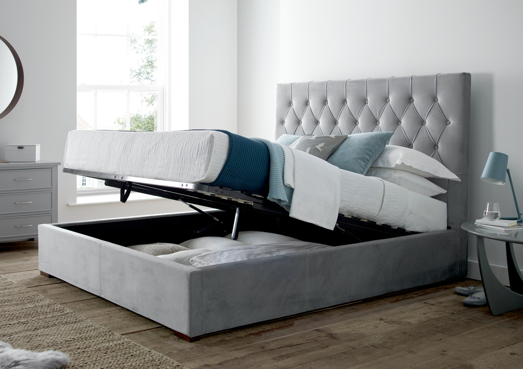 View Savoy Grey Upholstered Ottoman Storage Bed Frame Only Time4Sleep information