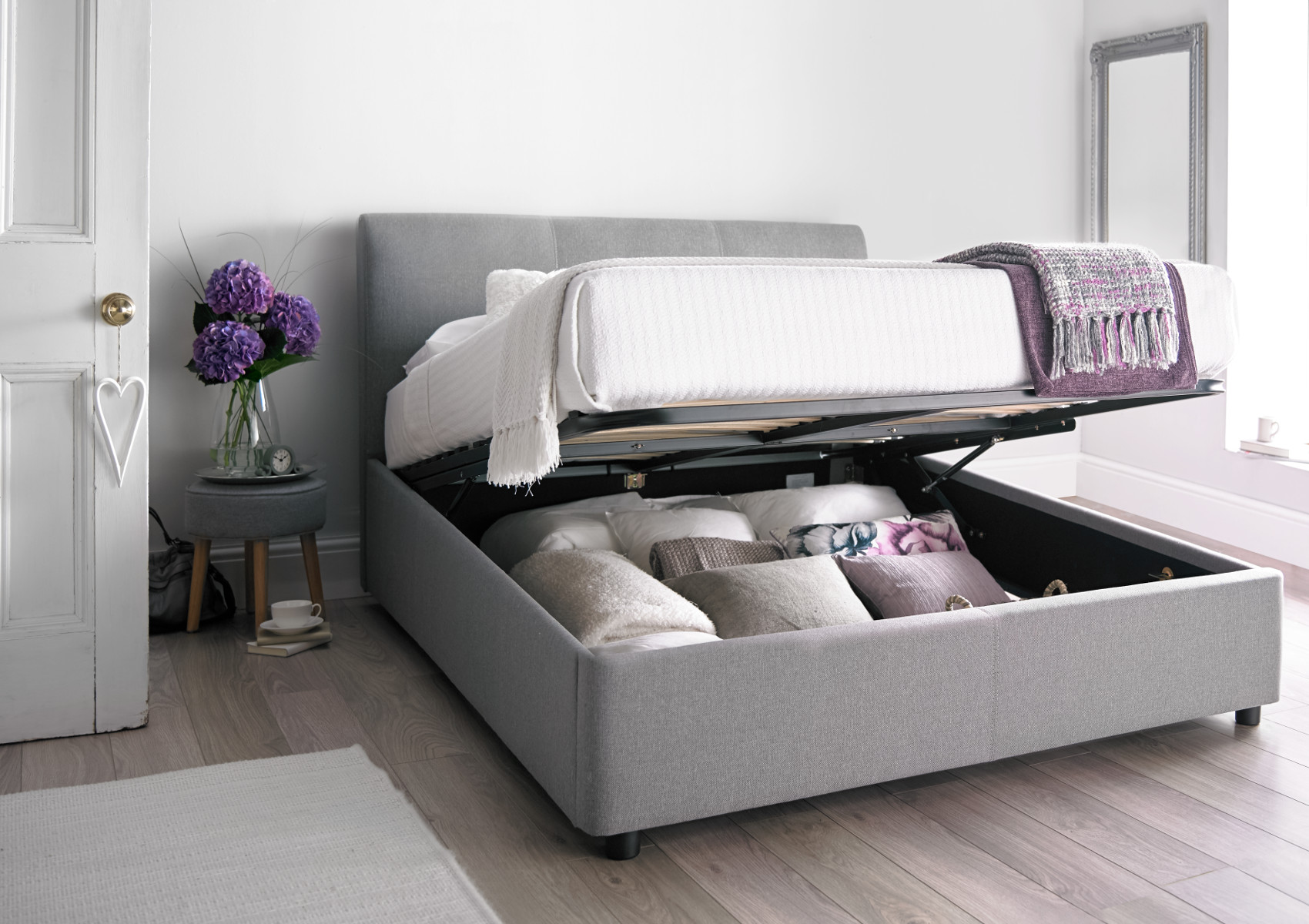 View Serenity Cool Grey Upholstered King Size Ottoman Bed Time4Sleep information