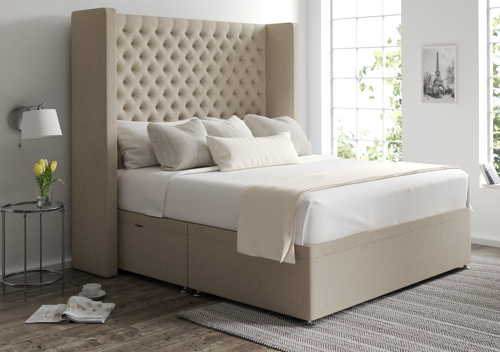 View Emma Arran Natural Upholstered King Size Ottoman Bed Time4Sleep information