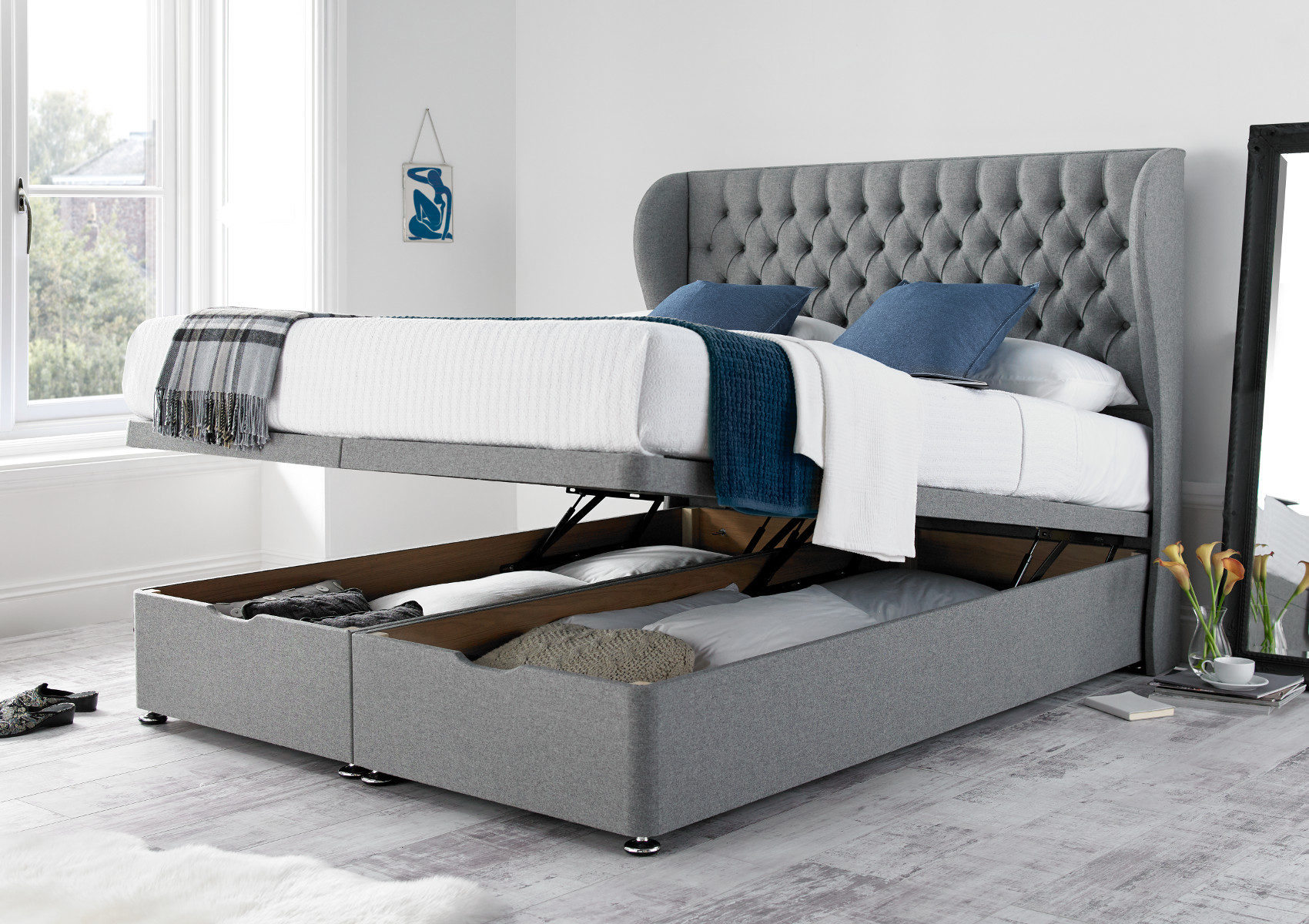 View Chesterfield Velvet Slate Upholstered Double Ottoman Bed Time4Sleep information