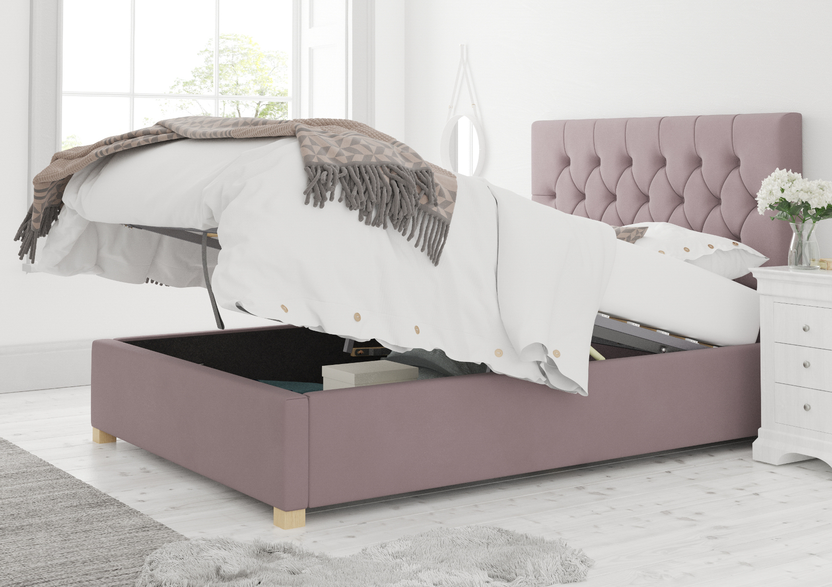 View York Ottoman Plush Velvet Blush Bed Frame Only Time4Sleep information